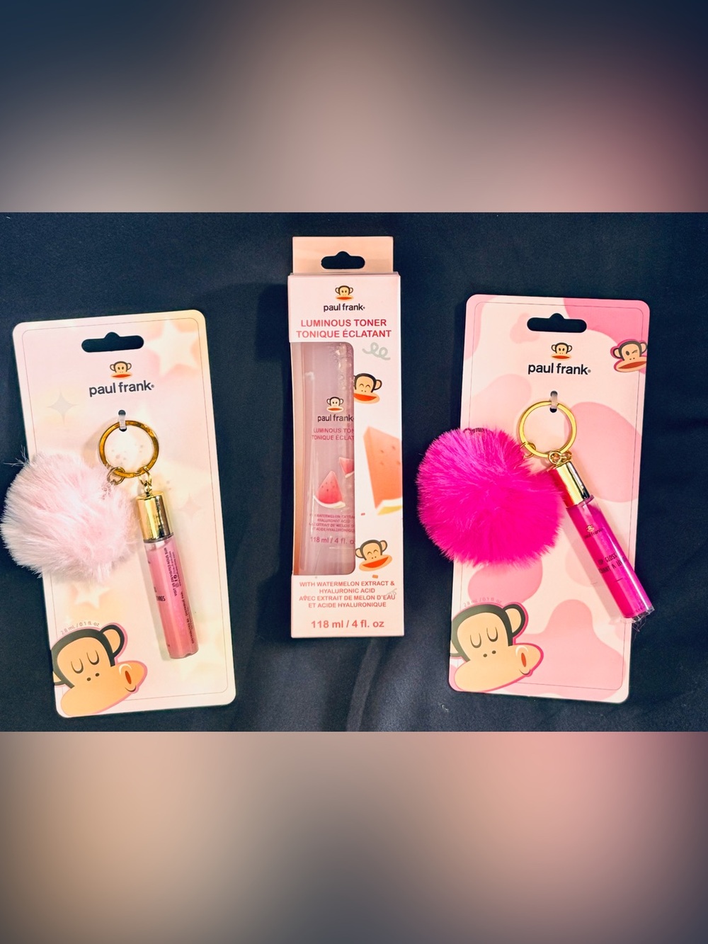 Paul Frank Set of Lip Gloss Pom Pom Keychains & Luminous Toner